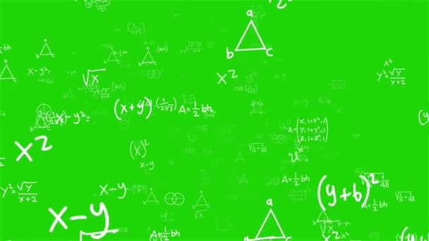 Aparat lata przez formuły matematyczne na tle. Obliczenia matematyczne funkcjonują równania. Matryca wykonana ze wzorów. Streszczenie koncepcji procesu poznawczego. Płynna pętla. Chromakey z zielonym ekranem — Wideo stockowe