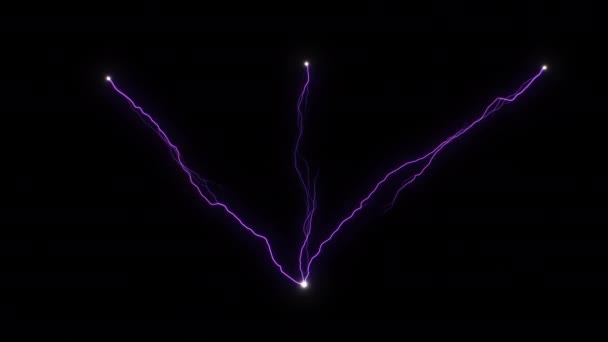 3 violette elektrische Entladungen laufen an einem Punkt der Tesla-Spule zusammen. Künstliche Blitze auf schwarzem Hintergrund. Elektrostatische Entladung. Strömungskondensator — Stockvideo