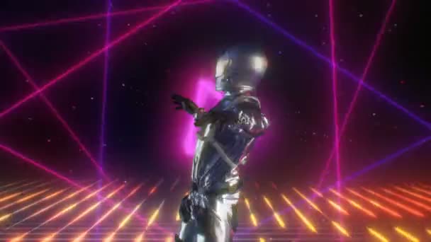 Retro-futuristic 80s CG Astronaut dancing on Disco Neon Lights background Stage. Modern Moves footage for your event, concert, stage design, editors and VJ for led screens and projection mapping show — Stock Video