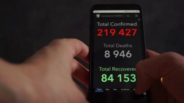 Kyiv, Ukrayna, 19 Mart 2020, Coronavirus COVID-19 küresel vaka haritası JHU 'da CSSE tarafından akıllı telefondan. Çin, İtalya, İran, İspanya, Almanya, ABD, Fransa vaka haritalarını doğruladı.