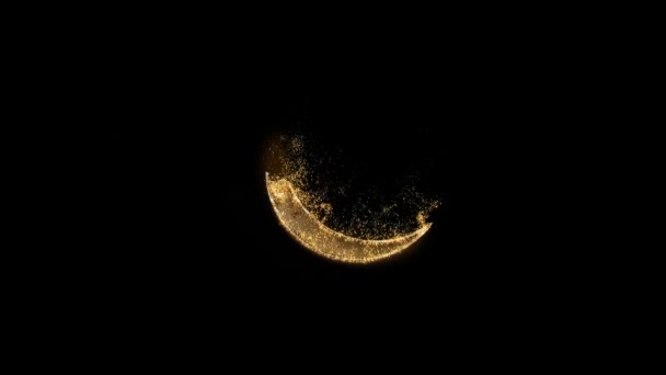 Ραμαζάνι Καρίμ μήνα με το κανάλι Άλφα. Λαμπερό αφρώδη σωματίδια χρυσού. Χρυσό λαμπερό ημισέληνο. — Αρχείο Βίντεο