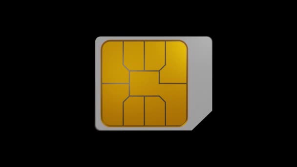 Μια λευκή κάρτα sim gsm με χρυσά conecters περιστρέφεται σε μπλε φόντο. Κινητή κινητή επικοινωνία. Μεμονωμένο κανάλι άλφα — Αρχείο Βίντεο