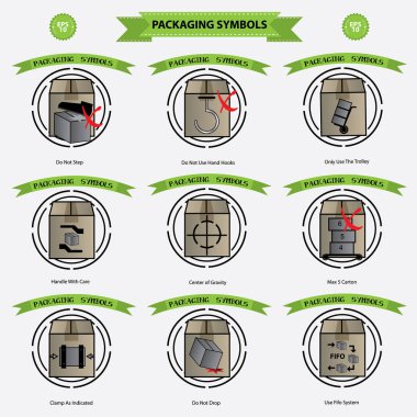 Ambalaj simgeler kümesi (adım yapmak, kullanma el kancaları, sadece arabası kullanmak, bakım, ağırlık merkezi, en fazla 5 karton ile başa, belirtildiği gibi kelepçe, değil bırak, FIFO sistemi kullanmak)