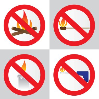 Yangın ekipmanları belirtileri durdurmak, düz vektör çizim seti