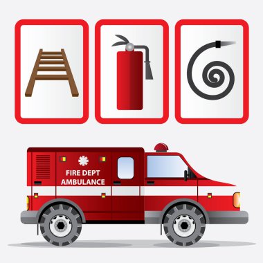 Dur yangın sembolleri (itfaiye, yangın söndürücü, hortum, merdiven) düz kümesi. vektör çizim