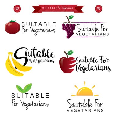 Vejetaryen Gıda simgeler, vegan dostu simgeleri, rozetler, pullar ve Amblemler kümesi. vektör çizim