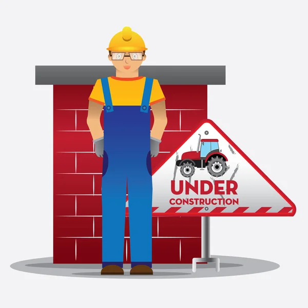 Homem trabalhador com macacão azul e capacete amarelo na frente do concreto com sob sinal de triângulo de construção, ilustração vetorial — Vetor de Stock