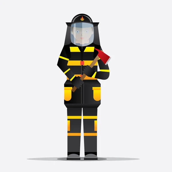 Feuerwehrmann in Feuerwehruniform, Maske bedeckt Gesicht und Axt an der Hand. Vektorillustrator — Stockvektor