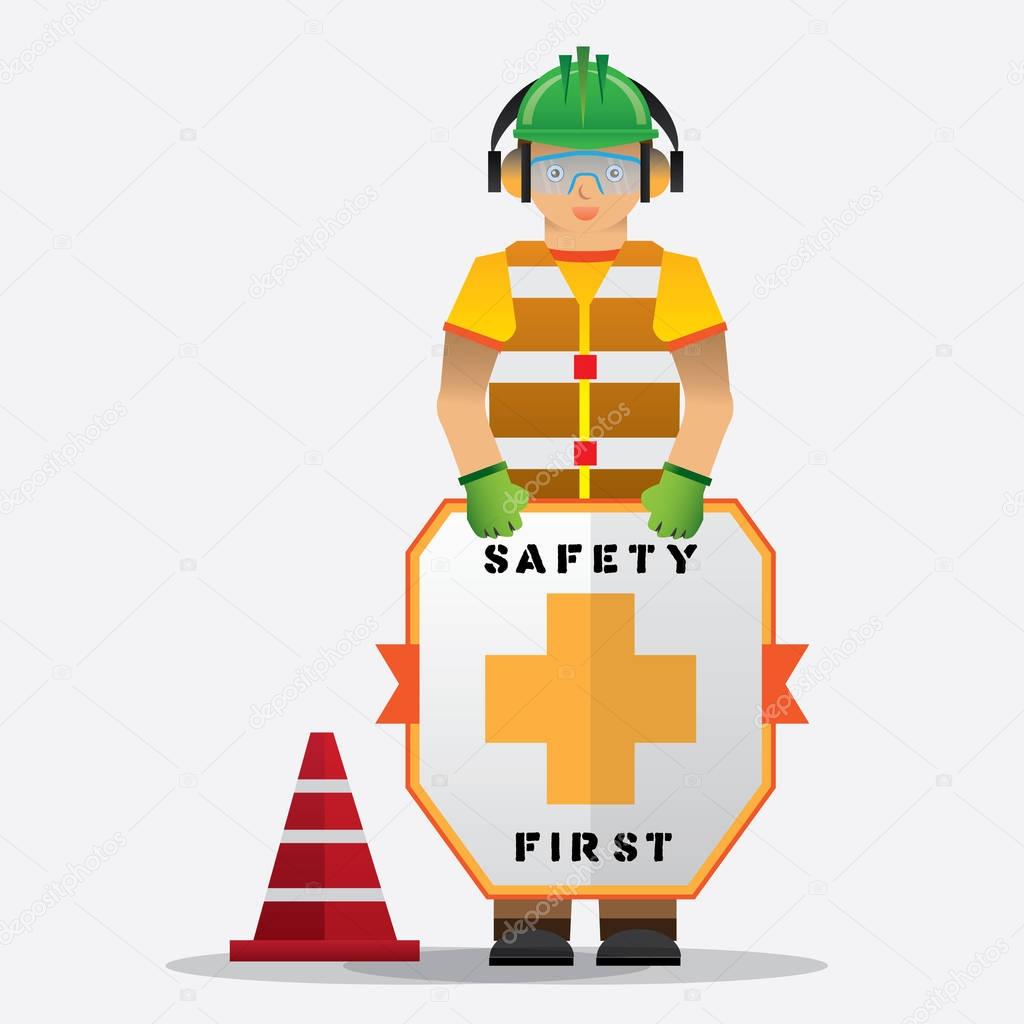 construction worker standing with safety first sign, health and safety warning signs, vector illustrator