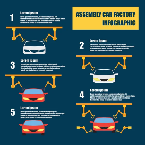 Montaje infografía del coche / cadena de montaje y proceso de producción de la fábrica del coche — Archivo Imágenes Vectoriales