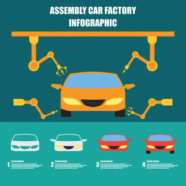 Montaje infografía del coche / cadena de montaje y proceso de producción de la fábrica del coche — Archivo Imágenes Vectoriales