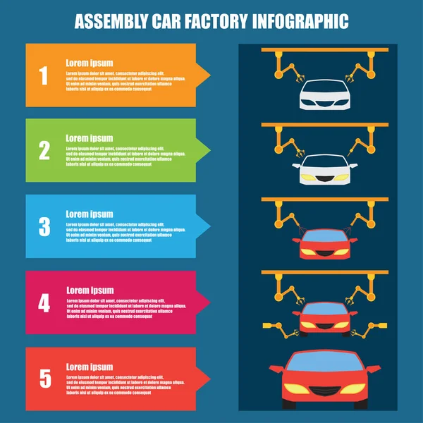 Montaje infografía del coche / cadena de montaje y proceso de producción de la fábrica del coche — Archivo Imágenes Vectoriales