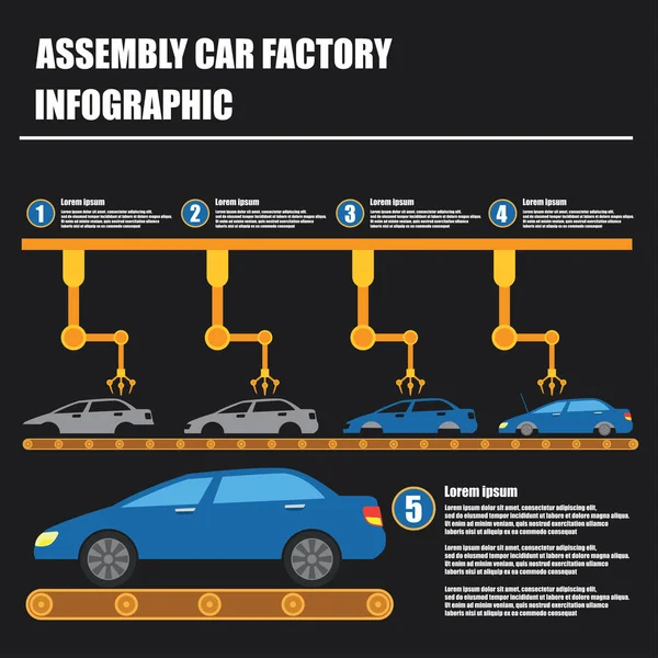 Montaje infografía del coche / cadena de montaje y proceso de producción de la fábrica del coche — Archivo Imágenes Vectoriales