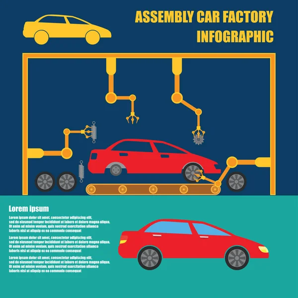 Montaje infografía del coche / cadena de montaje y proceso de producción de la fábrica del coche — Archivo Imágenes Vectoriales