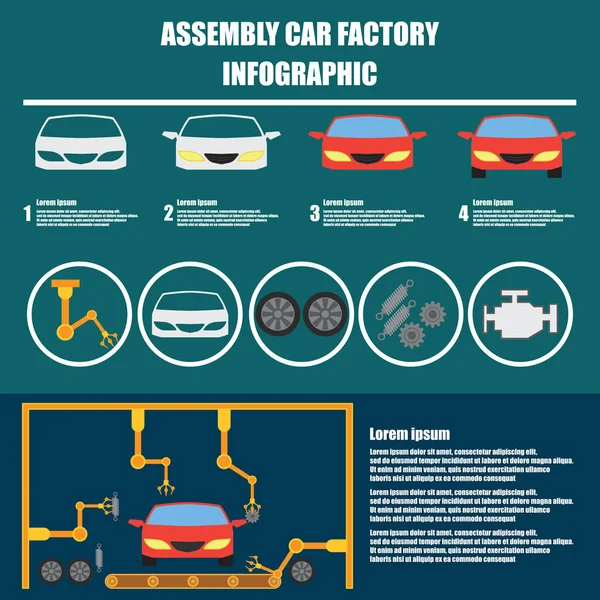 Инфографическая / сборочная линия и процесс производства автомобилей. Плоская векторная иллюстрация — стоковый вектор