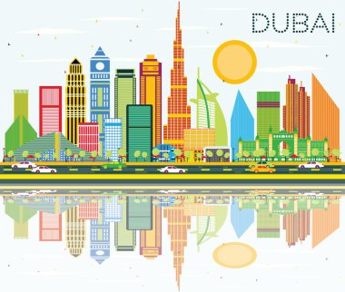 Renkli Binalar, Mavi Gökyüzü ve Yansıma ile Dubai Skyline.