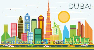 Renkli Binalar ve Mavi Gökyüzü ile Dubai Skyline.