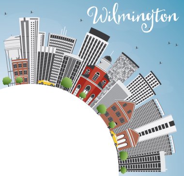 Wilmington manzarası gri binalar, mavi gökyüzü ve kopya alanı.