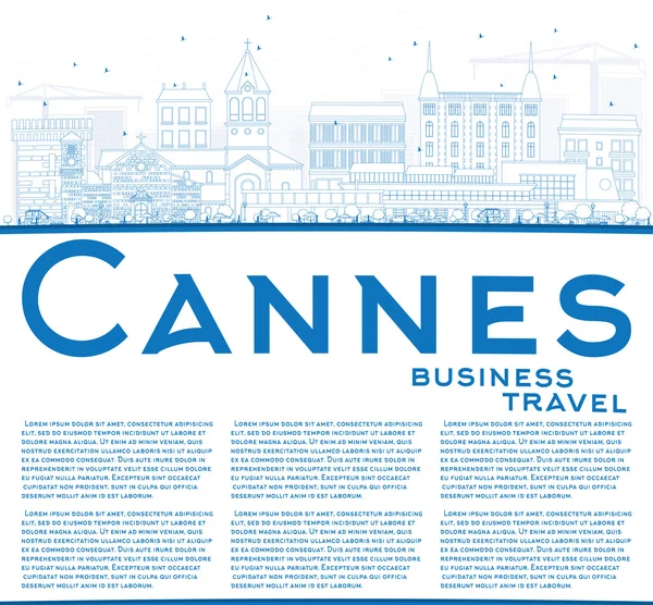 Kontur Cannes Skyline med blå byggnader och kopia utrymme. — Stock vektor