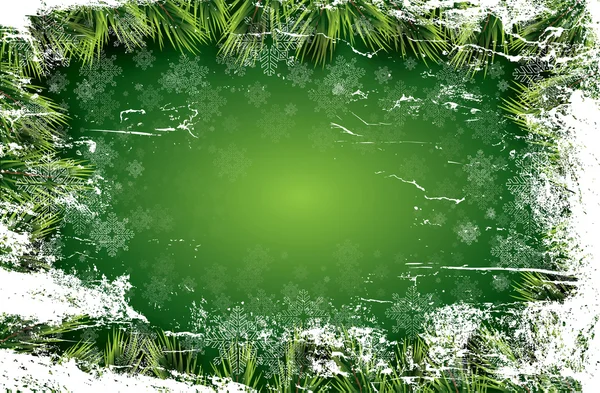 Christmas card with white snowflakes on green background. — Stockový vektor