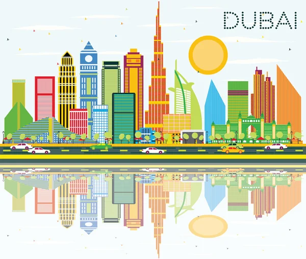 Dubai Skyline z kolorowych budynków, Błękitne niebo i odbicie. — Wektor stockowy