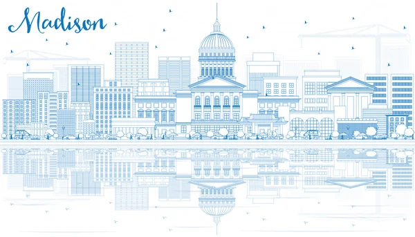 Esquema de Madison Skyline con edificios azules y reflexiones . — Vector de stock