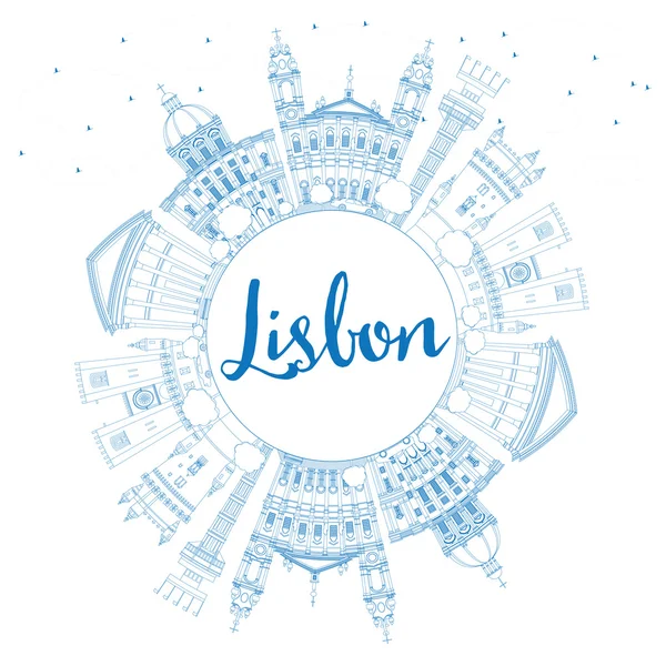 Περίγραμμα της Λισαβόνας Skyline με μπλε κτίρια και αντίγραφο χώρου. — Διανυσματικό Αρχείο
