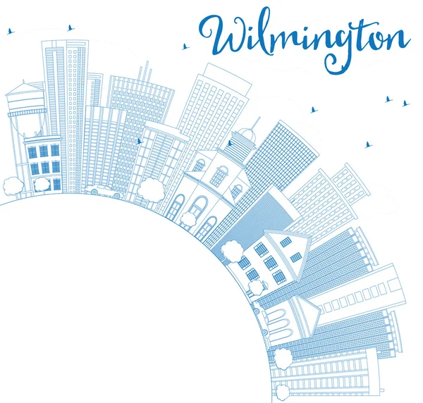 Esquema Wilmington Skyline con edificios azules y espacio de copia . — Vector de stock