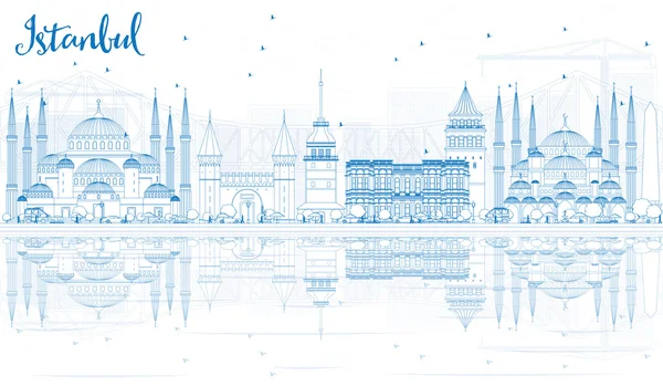 Outline Istanbul skyline med blå landmärken och reflektioner. — Stock vektor