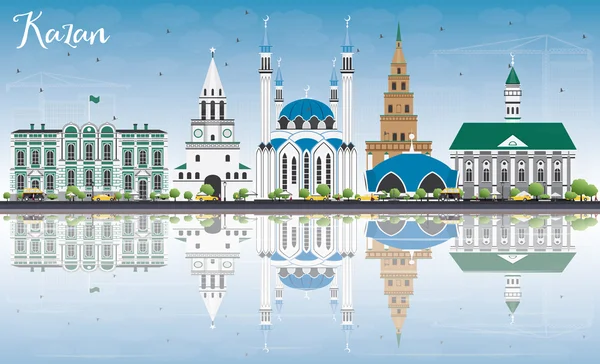 Kazan Skyline s šedými budovami, modrá obloha a odrazy. — Stockový vektor