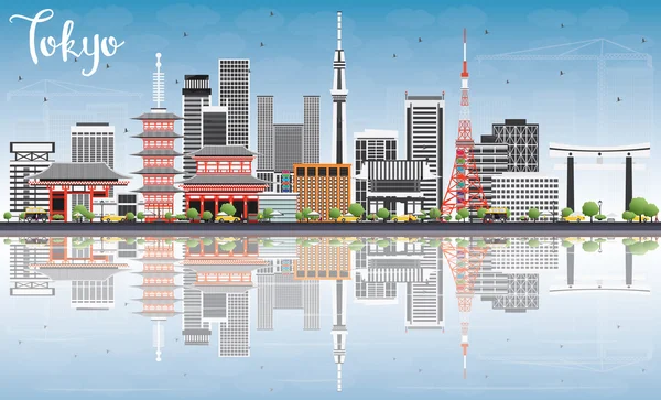 Tokyo Skyline con edificios grises, cielo azul y reflexiones . — Archivo Imágenes Vectoriales