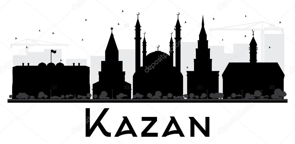 Kazan City skyline black and white silhouette.