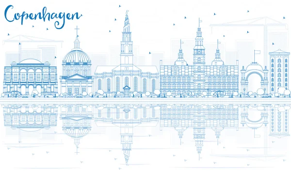 Outline Copenhagen Skyline with Blue Landmarks and Reflections. — Stock Vector