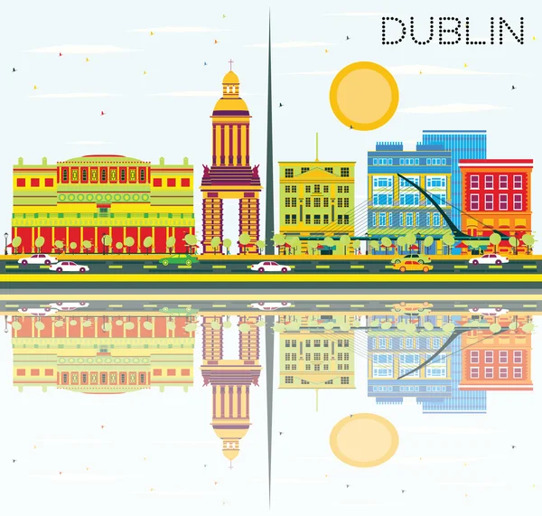 Skyline Dublin z kolor budynków, Błękitne niebo i refleksje. — Wektor stockowy