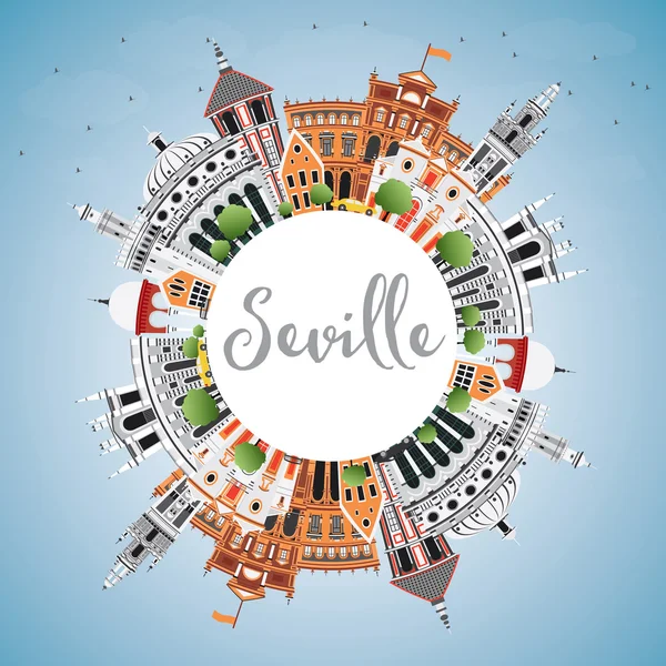 Seville Skyline with Color Buildings, Blue Sky and Copy Space. — Stock Vector