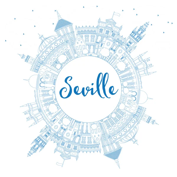 Overzicht Sevilla Skyline met blauwe gebouwen en kopie ruimte. — Stockvector