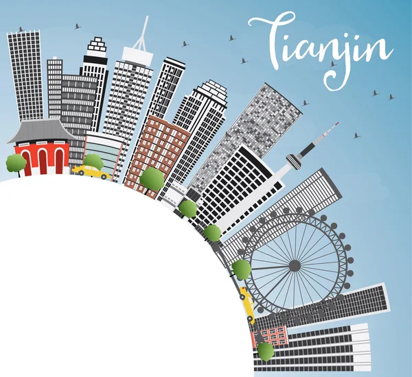 Tianjin manzarası gri binalar, mavi gökyüzü ve kopya alanı. — Stok Vektör