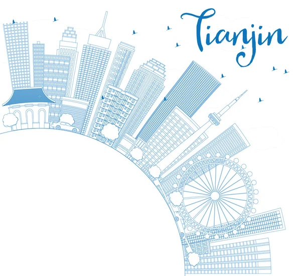 Esquema de Tianjin Skyline con edificios azules y espacio de copia . — Vector de stock