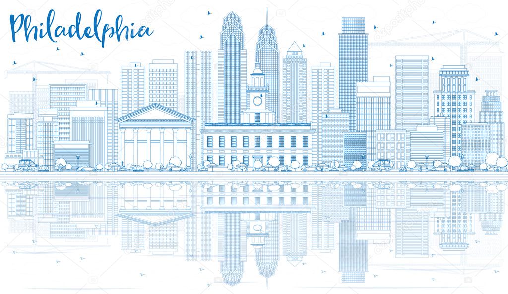 Outline Philadelphia Skyline with Blue Buildings and Reflections
