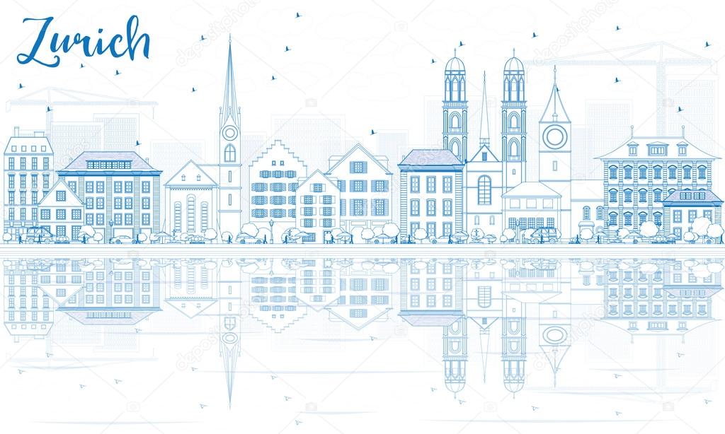 Outline Zurich Skyline with Blue Buildings and Reflection.