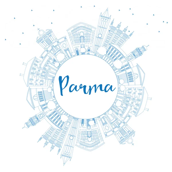 Περίγραμμα ορίζοντα Πάρμα με μπλε κτίρια και αντίγραφο χώρου. — Διανυσματικό Αρχείο