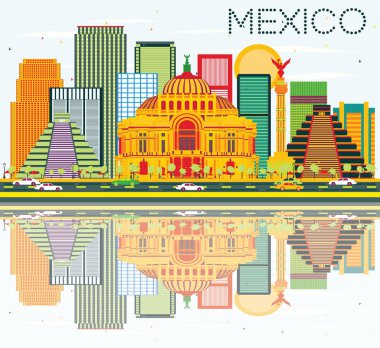 Mexico Skyline with Color Buildings, Blue Sky and Reflections. clipart