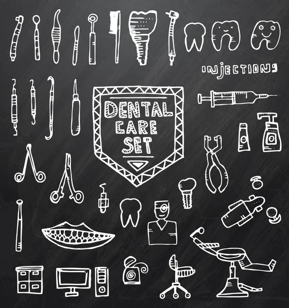 Juego de cuidado dental con diferentes iconos dibujados a mano . — Vector de stock