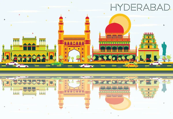 Abstrakte Skyline von Hyderabad mit farbigen Wahrzeichen und Spiegelungen. — Stockvektor