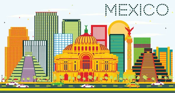 Mexico Skyline with Color Buildings and Blue Sky. - Stok Vektor