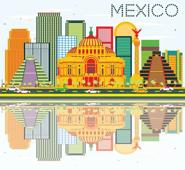 (Inggris) Mexico Skyline with Color Buildings, Blue Sky and Reflections . - Stok Vektor