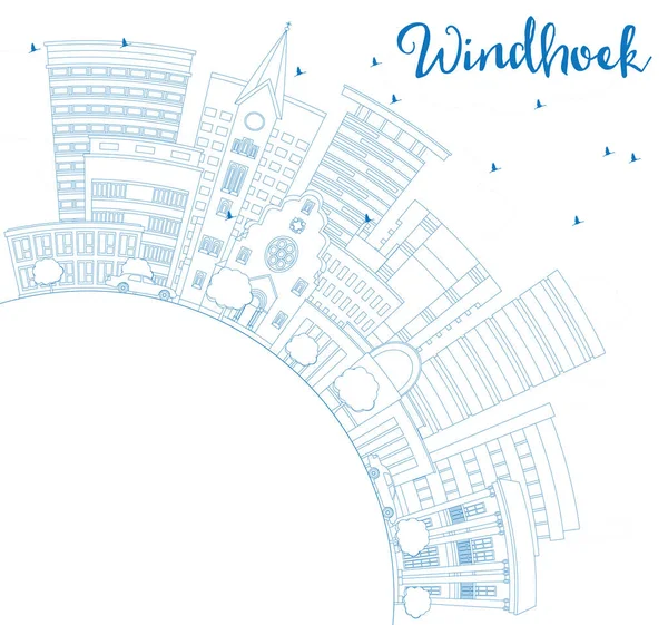 Overzicht Windhoek Skyline met blauwe gebouwen en kopie ruimte. — Stockvector