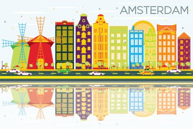 Soyut Amsterdam manzarası renkli binalar, mavi gökyüzü ve Re
