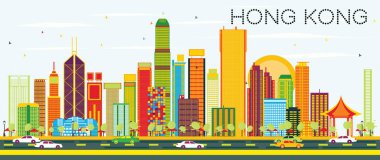 Soyut Hong Kong Skyline renk binalar ve mavi gökyüzü ile.