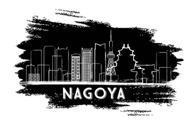 Nagoya manzarası siluet. Elle çizilmiş kroki.